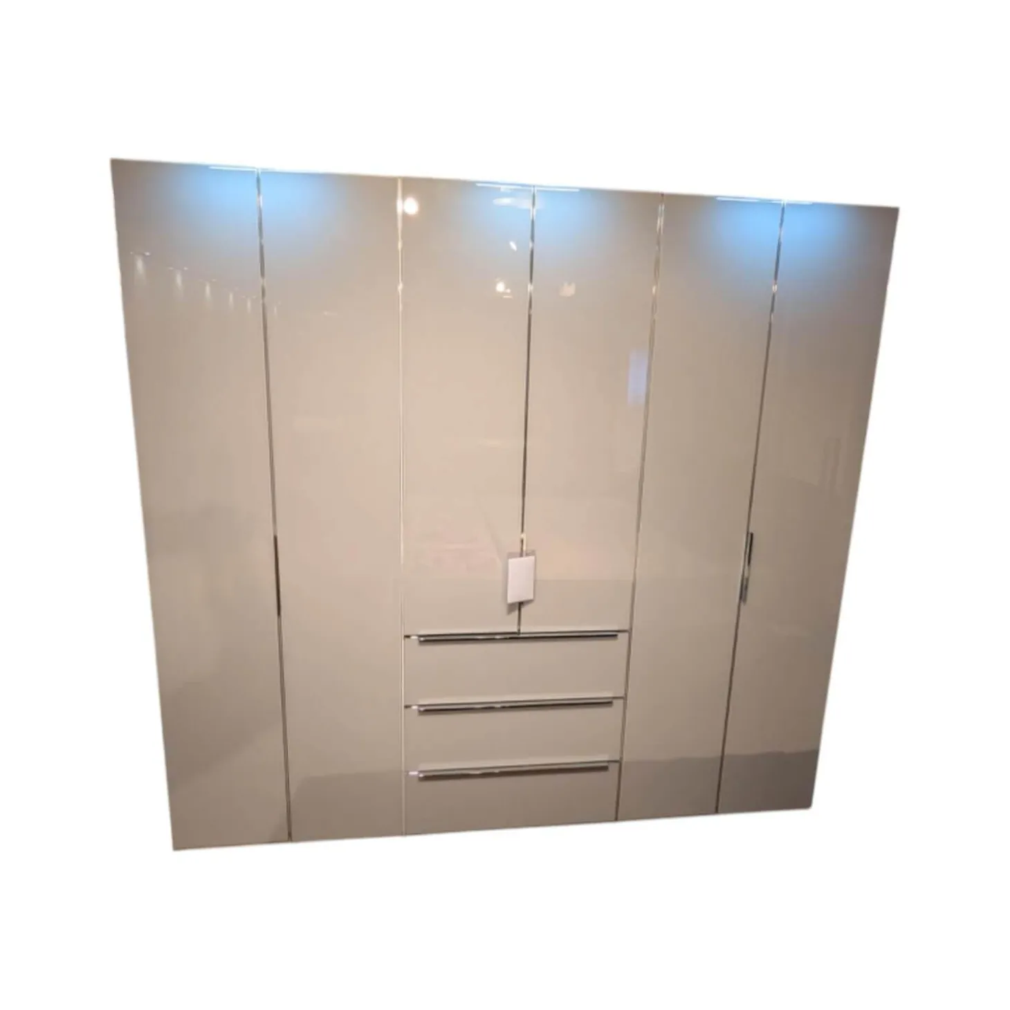 Schrank Horizont 110 Front Glas G71 Seidengrau Grau Weiß Korpus Polarweiß Weiß Innen Leinenoptik Twist