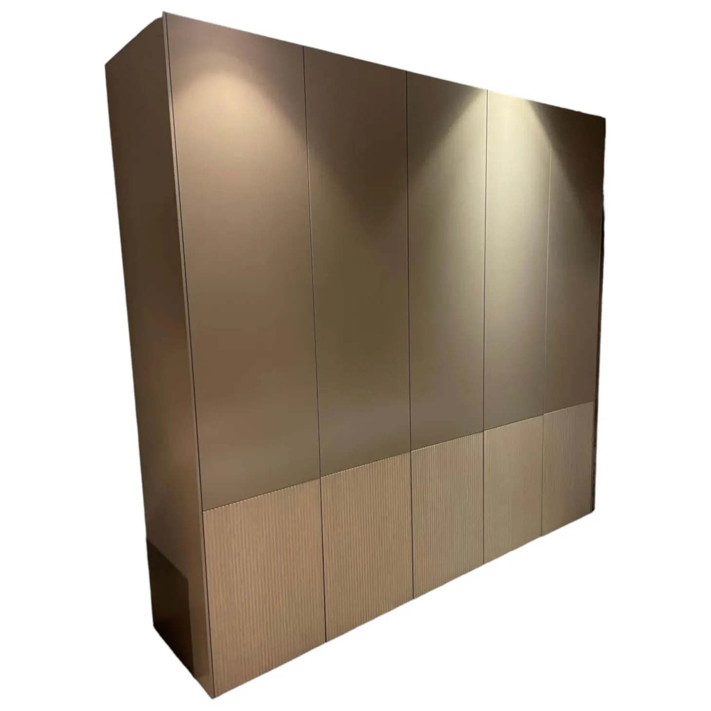 Schrank Miria Fronten Glattlack Sienna 465 Eiche Sahara 129 Geriffelt mit Beleuchtung