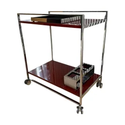 Servierwagen Flat Oberfläche Lack Oxidrot Rot Hochglanz Rahmen Edelstahl Poliert Inklusive Tablett Und Flaschenhalter