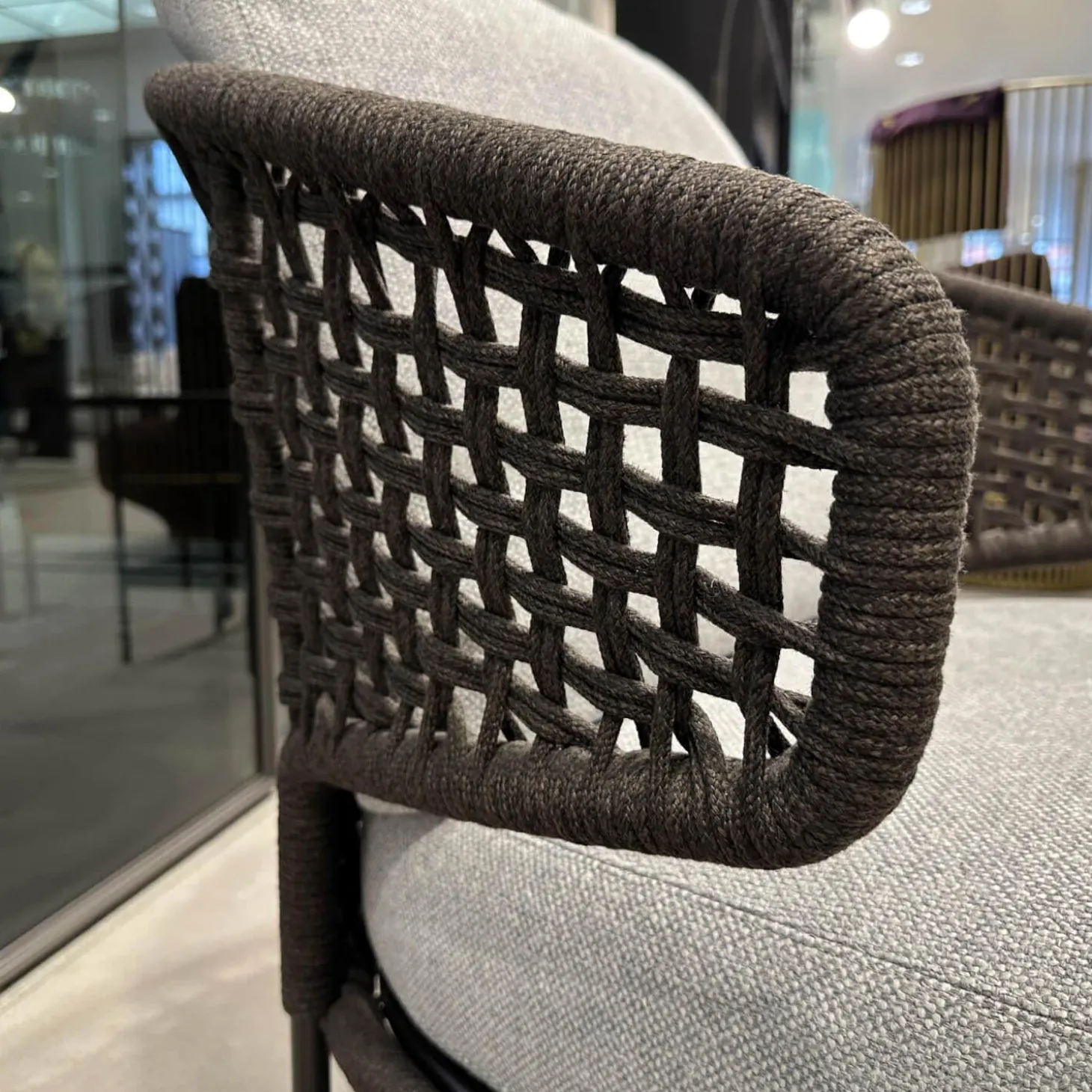 Sessel Aston Cord Indoor Stoff Kolumba 04 Platino Grau Geflecht Taslan Dunkelbraun Füße Metall Schwarz