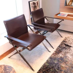 Sessel Beverly Kernleder Dunkelbraun Gestell Schwarz Verchromt