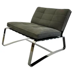 Sessel Delaunay Quilt Nubukleder 11 Carbone Grau Kernledergurte Schwarz Gestell Glänzend Chrom