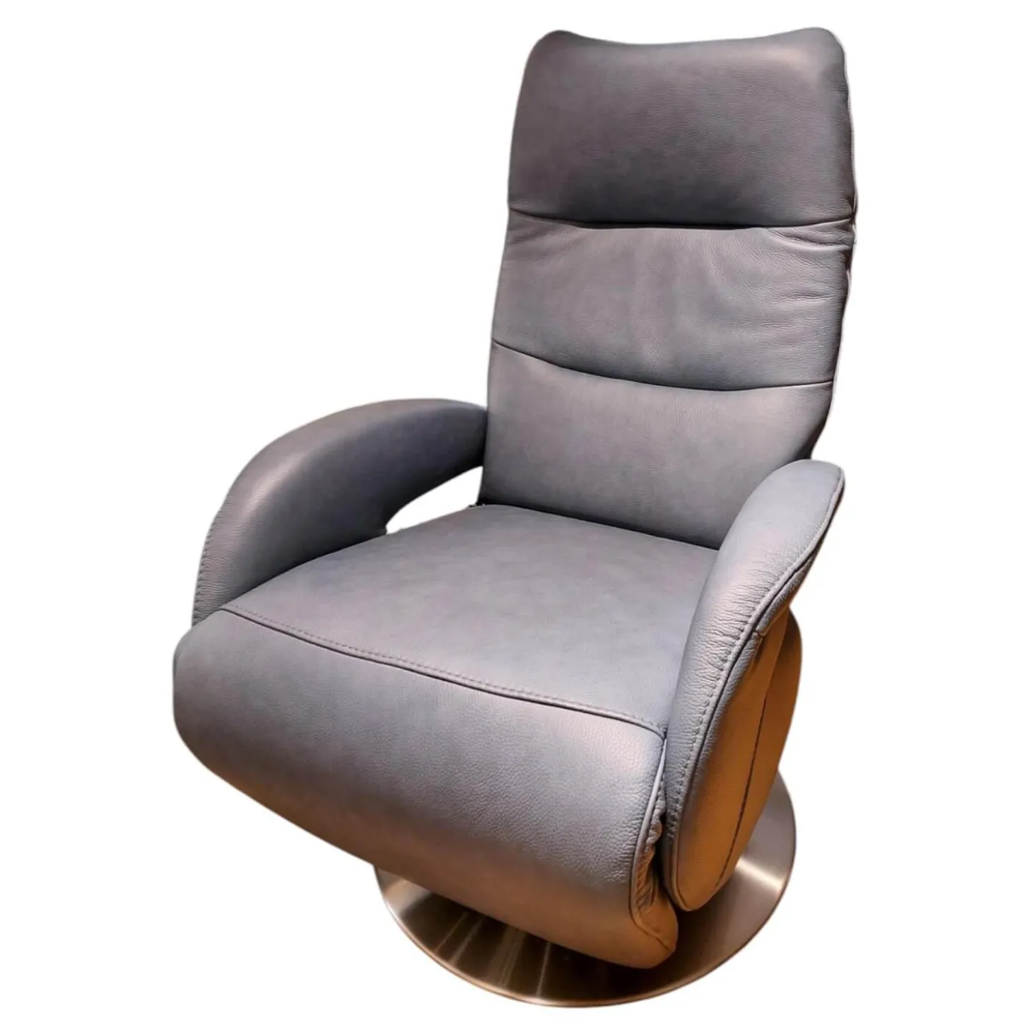 Sessel EM Plauen Leder Punch Greyblue Grau Blau Drehteller Edelstahl Mit Motorischer Verstellung
