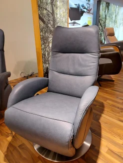 Sessel EM Plauen Leder Punch Greyblue Grau Blau Drehteller Edelstahl Mit Motorischer Verstellung