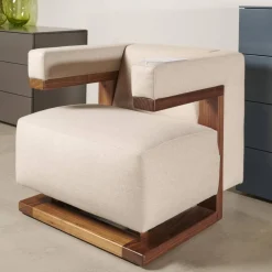 Sessel F51 Stoff Doma Beige Grau Gestell Nussbaum Massiv