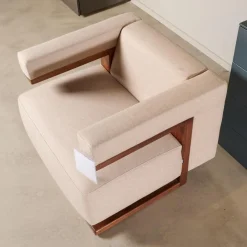 Sessel F51 Stoff Doma Beige Grau Gestell Nussbaum Massiv