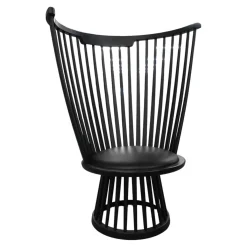 Sessel Fan Chair Indigo Bezug Leder Ash Schwarz Gestell Holz Schwarz