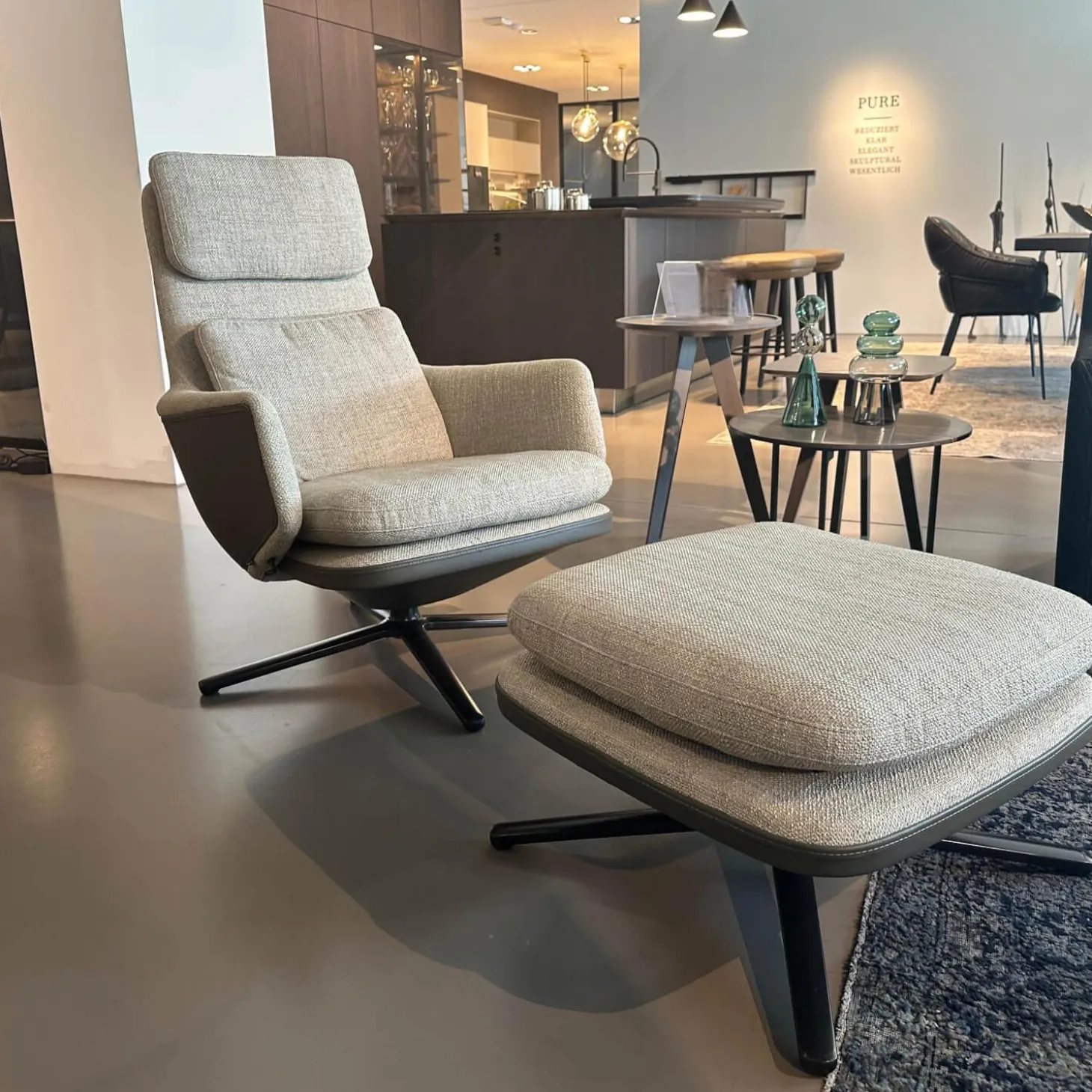 Sessel Grand Relax Schale Leder Forte Decor Umbra Grau Innen Stoff Corsaro Bambus Melange Grau Mit Hocker