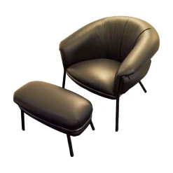 Sessel Grasso Bezug Leder Sauvage S Black Schwarz Gestell Metall Schwarz Inklusive Fußhocker