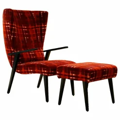 Sessel Hanson 460 Rubelli Macallan 30260-004 Cat. V Rot Kariert Gestell Buche Schwarz mit Hocker