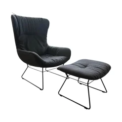 Sessel Leya Wingback Chair Innen Stoff Shake Walnut Braun Grau Außen Leder Muscat Carbon Braun Grau Mit Hocker