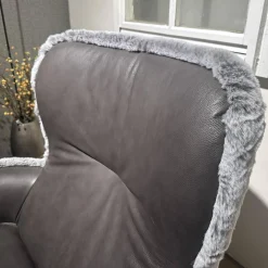 Sessel Minu Sitzfläche Leder Elegance Anthrazit Rücken Webpelzbezug Eisbär Grey Grau Füße Schwarz Pulverbeschichtet Mit Hocker
