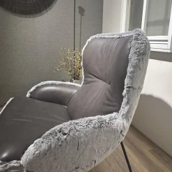 Sessel Minu Sitzfläche Leder Elegance Anthrazit Rücken Webpelzbezug Eisbär Grey Grau Füße Schwarz Pulverbeschichtet Mit Hocker