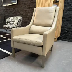 Sessel Mit Hocker Credo Bezug Leder Grain L7067C Beige Creme Holzfüße