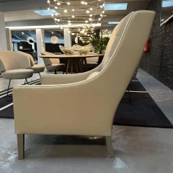 Sessel Mit Hocker Credo Bezug Leder Grain L7067C Beige Creme Holzfüße