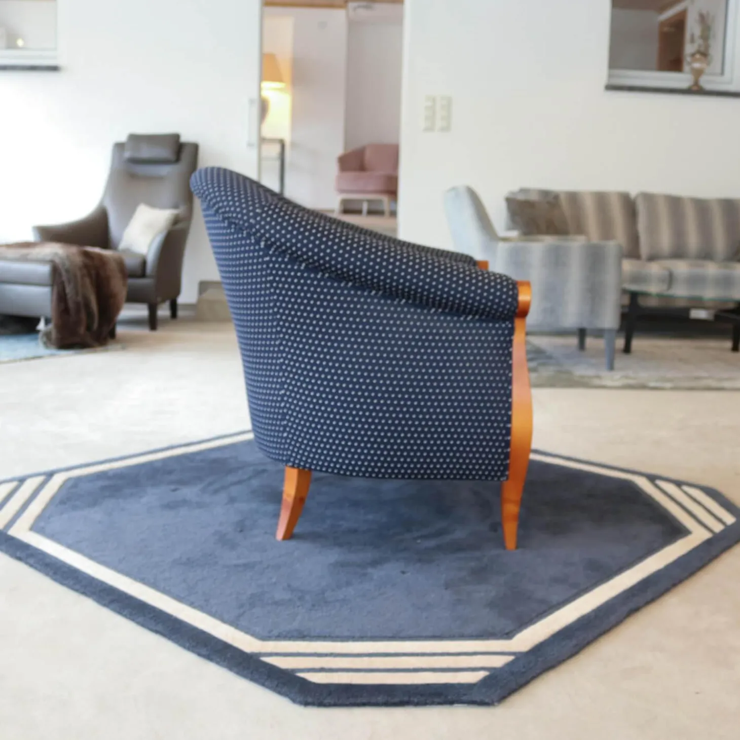 Sessel New York Stoff Blau Beige Gestell Kirschbaum Natur