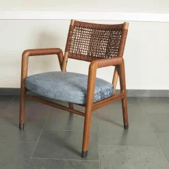 Sessel Ortiga Stoff Timo Blau Gestell Canaletto Nussbaum Leder Kordel Tabak mit Hocker