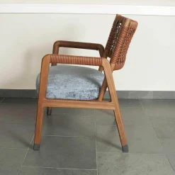 Sessel Ortiga Stoff Timo Blau Gestell Canaletto Nussbaum Leder Kordel Tabak mit Hocker