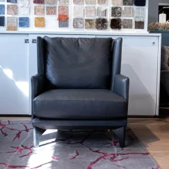 Sessel Polo Lounge Leder Provence 3 Schiefer Grau Holfüße Dunkel Gebeizt