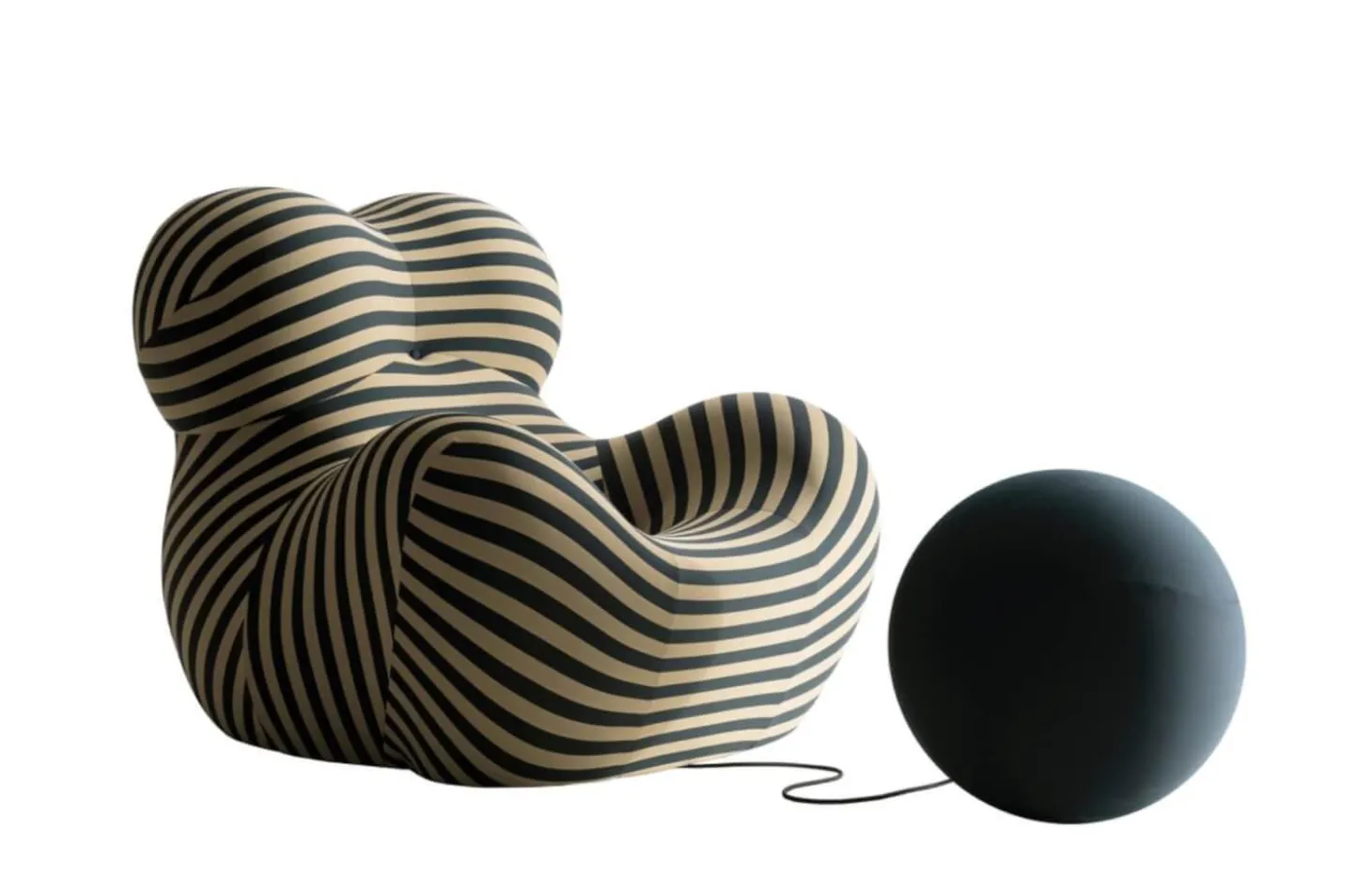 Sessel UP 50 Stoff Jersey Soara Gestreift Beige Petrolblau Metallbasis Unterseite Kernleder Mit Hocker