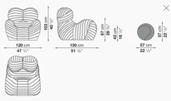 Sessel UP 50 Stoff Jersey Soara Gestreift Beige Petrolblau Metallbasis Unterseite Kernleder Mit Hocker