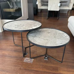 Set Couchtisch Billy Platte Keramik Marmi KM13 Areal Grau Stahlgestell Schwarz Gaufriert