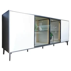Sideboard 2107 Mattlack Quarzgrau Und Schieferschwarz Vitrineneinsatz Polarweiß Weiß Designfuß Schiefer Grau Mit Beleuchtung