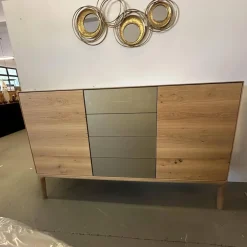Sideboard Fira Knorrige Eiche Puro Geölt Glas MO 137 Platin Glänzend Grau