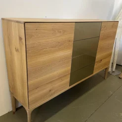 Sideboard Fira Knorrige Eiche Puro Geölt Glas MO 137 Platin Glänzend Grau
