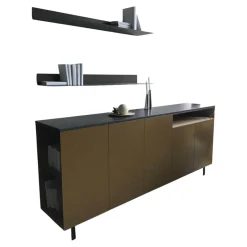 Sideboard Front Lack Matt Ambra Braun Deckplatte Marmor Pietra Schwarz Gestell Metall Brüniert Mit Konsolen Ellie Schwarz