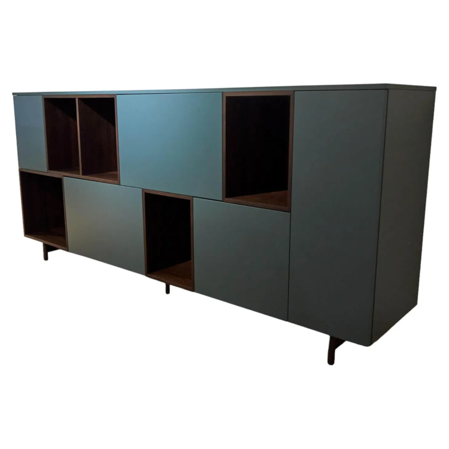 Sideboard Lampo Eiche Termort und Avio matt lackiert Drehtüren mit Push-Pull Öffnung Glaseinlegeböden