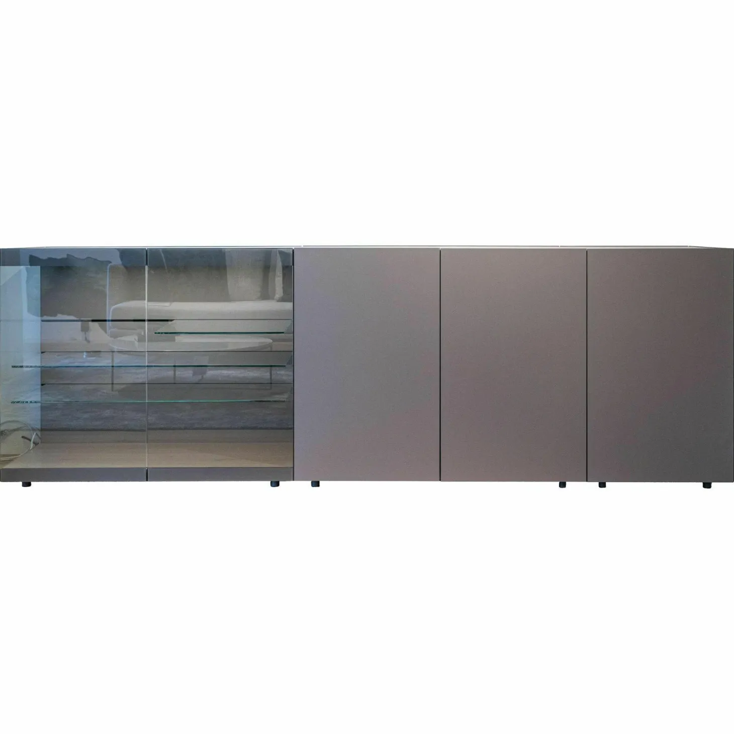 Sideboard mit Vitrine Cube Light Lack Elephant M16 Glas Grauglas O75 Abdeckplatte Leder Quarz Grifflos