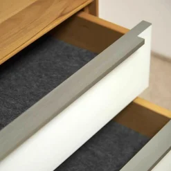 Sideboard Ramos in Astbuche Massiv Naturbelassen Geölt Frontakzente Glas Weiß mit Beleuchtung