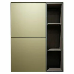 Sideboard Side Model 1 Metallic Glas Champagner Grau Beige Satiniert Pebble Grau Lackiert Korpus Furnier Oak Smoked Grau Matt Lackiert Wandmontage Inklusive LED Innenbeleuchtung