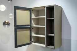 Sideboard Side Model 1 Metallic Glas Champagner Grau Beige Satiniert Pebble Grau Lackiert Korpus Furnier Oak Smoked Grau Matt Lackiert Wandmontage Inklusive LED Innenbeleuchtung