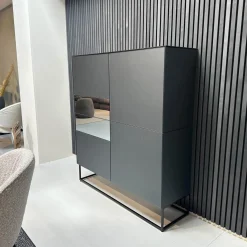 Sideboard Soma Korpus Lack Schwarz Matt Gittergestell Metall Schwarz Abdeckplatte Grau Spiegel Matt