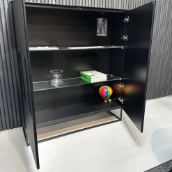 Sideboard Soma Korpus Lack Schwarz Matt Gittergestell Metall Schwarz Abdeckplatte Grau Spiegel Matt