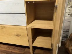 Sideboard Vtektura TESH19H Echtholzfurnier Wildeiche Rustiko Schwarz Front Glas Firneis White Weiß Abdeckplatte Echtholzfurnier Inklusive Beleuchtung