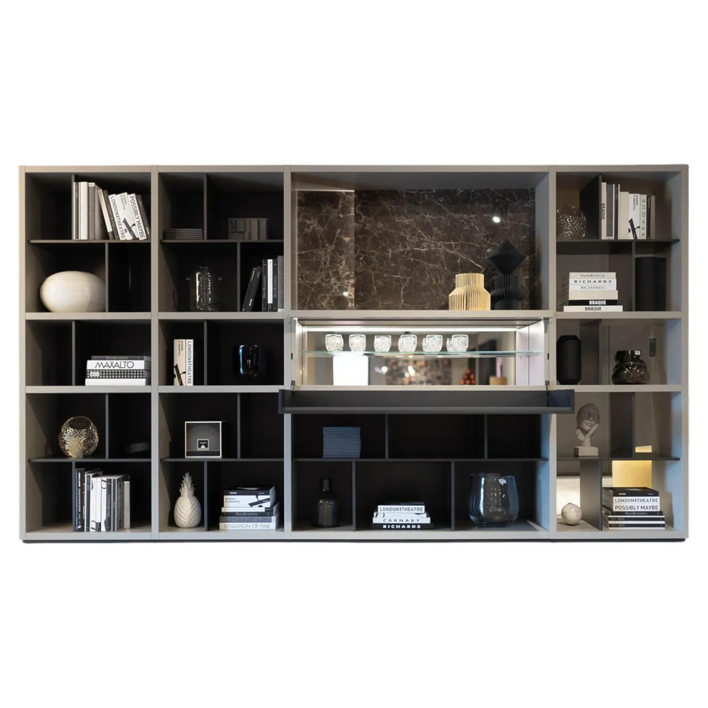 Sideboard Wall System Korpus Lack Matt Arena Grau Rückwand Und Gittereinsätze Metallisch Lackiert Bronze