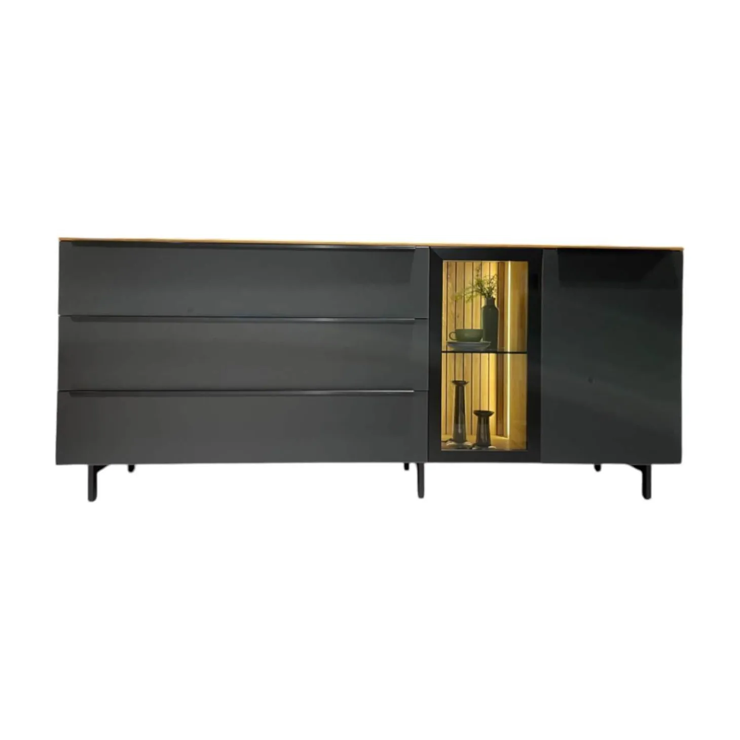 Sideboard WK 490 Baristo Asteiche Massiv Natur Belassen Geölt Front Farbglas Anthrazit Mit LED Beleuchtung