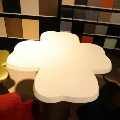 Sitzgruppe Optimist Kleeblatt Tischplatte MDF Weiß Hocker Stoff Rot Schwarz Gelb Bronze