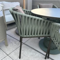 Sitzgruppe Tisch Comedo Platte Aluminium Bronze Stuhl Bitta Bandgeflecht Bucket Rope Z21 Grün Gestell Aluminium Schwarz