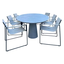 Sitzgruppe Tisch Conix Ellipse Platte Beton Cement Grau Stuhl Strappy 55 Polster Natural Linen Beige Gestell Anthrazit