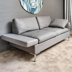 Sofa Alba System M Leder 5707 Pearl 0095 Grau Winkelfuß Verchromt Mit Kopfstütze