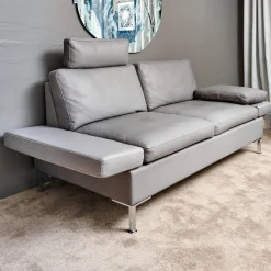 Sofa Alba System M Leder 5707 Pearl 0095 Grau Winkelfuß Verchromt Mit Kopfstütze