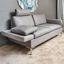 Sofa Alba System M Leder 5707 Pearl 0095 Grau Winkelfuß Verchromt Mit Kopfstütze