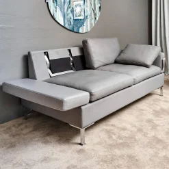Sofa Alba System M Leder 5707 Pearl 0095 Grau Winkelfuß Verchromt Mit Kopfstütze