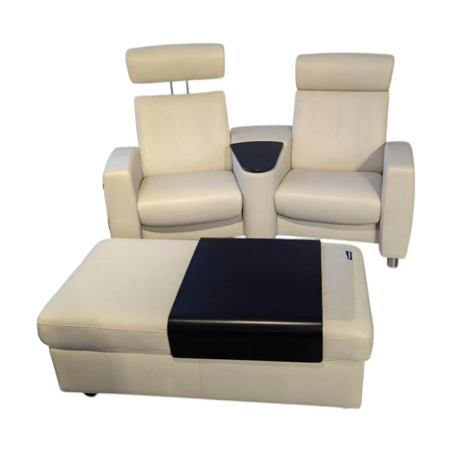 Sofa Arion Leder Paloma Light Grey Grau Stahlfuß 001 Edelstahl Poliert Holzteile Wenge Kopfstütze Höhenverstellbar Inklusive Hocker Mit Tischablage