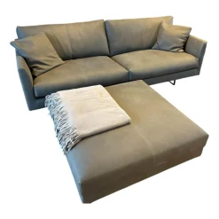 Sofa Axel Leder Novara Turtle Grün Grau Füße Stahl Lackiert Schwarz Inklusive Hocker Ohne Decke