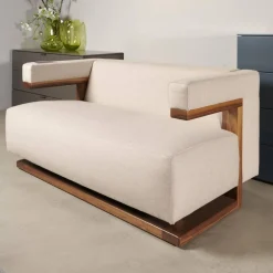 Sofa F51 2 Stoff Doma Beige Grau Gestell Nussbaum Massiv